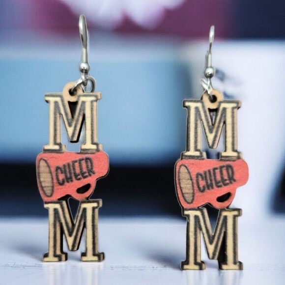 CHEER Mom Earrings Cheerleader Megaphone Wooden Dangle Pierced Sport Jewelry - Picture 2 of 3